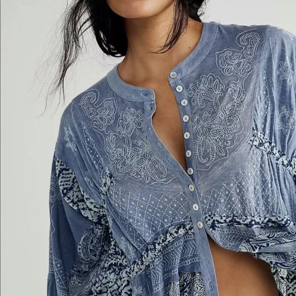 Free People Oh My Maxi Top Dress Duster Patchwork Piecing Indigo Button - Picture 3 of 6